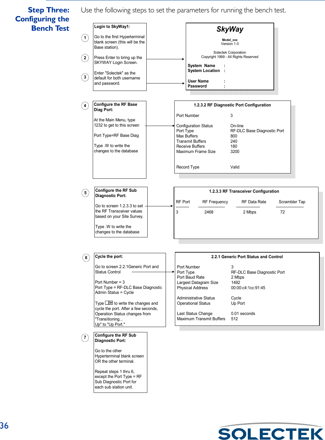 36Step Three:Configuring theBench TestUse the following steps to set the parameters for running the bench test.Configure the RF SubDiagnostic Port:Go to the otherHyperterminal blank screenOR the other terminal.Repeat steps 1 thru 6,except the Port Type = RFSub Diagnostic Port foreach sub station unit.1.2.3.2 RF Diagnostic Port ConfigurationPort Number 3Configuration Status On-linePort Type RF-DLC Base Diagnostic PortMax Buffers 800Transmit Buffers 240Receive Buffers 180Maximum Frame Size 3200Record Type Valid172346Login to SkyWay1:Go to the first Hyperterminalblank screen (this will be theBase station).Press Enter to bring up theSKYWAY Login Screen.Enter &quot;Solectek&quot; as thedefault for both usernameand password.Cycle the port:Go to screen 2.2.1Generic Port andStatus ControlPort Number = 3Port Type = RF-DLC Base DiagnosticAdmin Status = CycleType Kt to write the changes andcycle the port. After a few seconds,Operation Status changes from&quot;Transitioning...Up&quot; to &quot;Up Port.&quot;SkyWayModel_xxxVersion 1.0Solectek CorporationCopyright 1999 - All Rights ReservedSystem  Name :System Location :User Name :Password :Configure the RF BaseDiag Port:At the Main Menu, type1232 to get to this screenPort Type=RF Base DiagType .W to write thechanges to the database                              2.2.1 Generic Port Status and ControlPort Number 3Port Type RF-DLC Base Diagnostic PortPort Baud Rate 2 MbpsLargest Datagram Size 1492Physical Address 00:00:c4:1cc:91:45Administrative Status CycleOperational Status Up PortLast Status Change 0.01 secondsMaximum Transmit Buffers 512Configure the RF SubDiagnostic Port:Go to screen 1.2.3.3 to setthe RF Transceiver valuesbased on your Site Survey.Type .W to write thechanges to the database5                             1.2.3.3 RF Transceiver ConfigurationRF Port           RF Frequency            RF Data Rate           Scrambler Tap----------        --------------------          ------------------              ---------------------3                       2468                          2 Mbps                     72