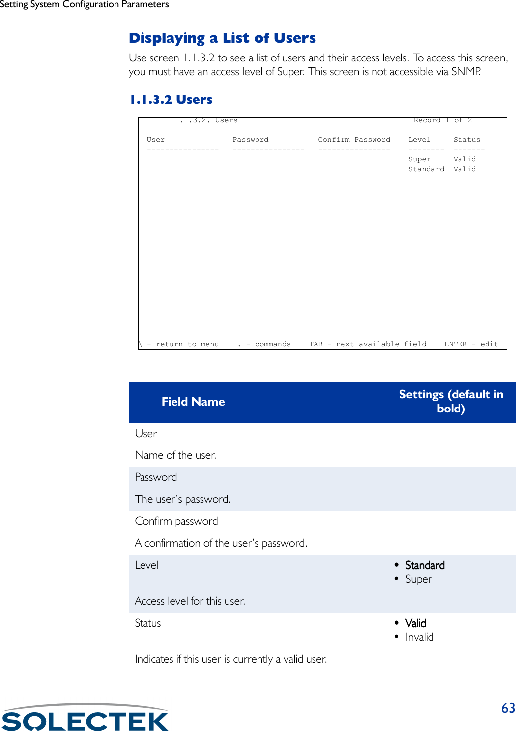 Setting System Configuration Parameters63Displaying a List of UsersUse screen 1.1.3.2 to see a list of users and their access levels. To access this screen, you must have an access level of Super. This screen is not accessible via SNMP.1.1.3.2 UsersField Name Settings (default in bold)UserName of the user.PasswordThe user’s password.Confirm passwordA confirmation of the user’s password.Level ••••StandardStandardStandardStandard•SuperAccess level for this user.Status •••• ValidValidValidValid• InvalidIndicates if this user is currently a valid user.1.1.3.2. Users                                       Record 1 of 2  User               Password           Confirm Password    Level     Status  ----------------   ----------------   ----------------    --------  -------                                                            Super     Valid                                                            Standard  Valid\ - return to menu    . - commands    TAB - next available field    ENTER - edit