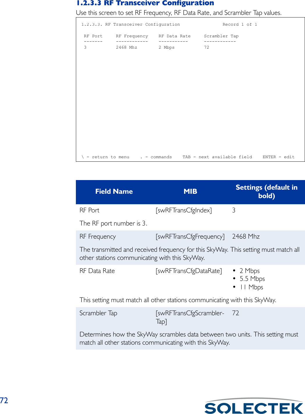 721.2.3.3 RF Transceiver ConfigurationUse this screen to set RF Frequency, RF Data Rate, and Scrambler Tap values.Field Name MIB Settings (default in bold)RF Port [swRFTransCfgIndex] 3The RF port number is 3.RF Frequency [swRFTransCfgFrequency] 2468 MhzThe transmitted and received frequency for this SkyWay. This setting must match all other stations communicating with this SkyWay.RF Data Rate [swRFTransCfgDataRate] • 2 Mbps• 5.5 Mbps• 11 MbpsThis setting must match all other stations communicating with this SkyWay.Scrambler Tap [swRFTransCfgScrambler-Ta p ]72Determines how the SkyWay scrambles data between two units. This setting must match all other stations communicating with this SkyWay.1.2.3.3. RF Transceiver Configuration                Record 1 of 1 RF Port     RF Frequency    RF Data Rate     Scrambler Tap -------     ------------    -----------      ------------ 3           2468 Mhz        2 Mbps           72\ - return to menu    . - commands    TAB - next available field    ENTER - edit