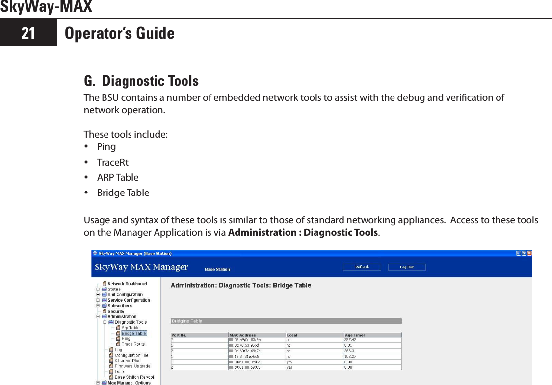 SkyWay-MAXOperator’s Guide21G.  Diagnostic ToolsThe BSU contains a number of embedded network tools to assist with the debug and verication of network operation.  These tools include:Ping yTraceRt yARP Table yBridge Table yUsage and syntax of these tools is similar to those of standard networking appliances.  Access to these tools on the Manager Application is via Administration : Diagnostic Tools.