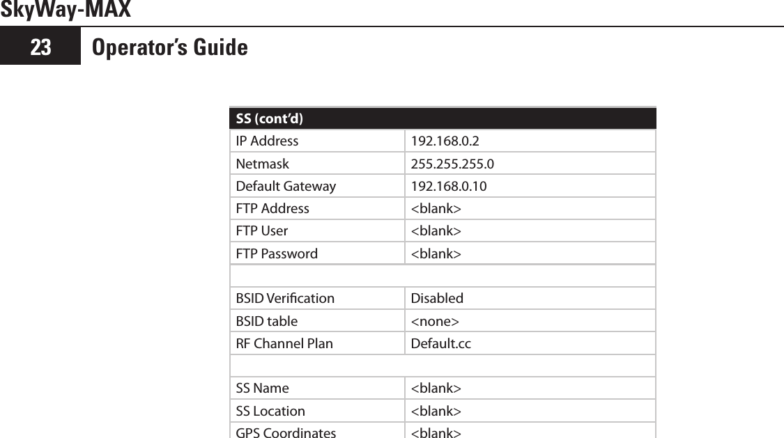 SkyWay-MAXOperator’s Guide23SS (cont’d)IP Address 192.168.0.2Netmask 255.255.255.0Default Gateway 192.168.0.10FTP Address &lt;blank&gt;FTP User &lt;blank&gt;FTP Password &lt;blank&gt;BSID Verication DisabledBSID table &lt;none&gt;RF Channel Plan Default.cc SS Name &lt;blank&gt;SS Location &lt;blank&gt;GPS Coordinates &lt;blank&gt;