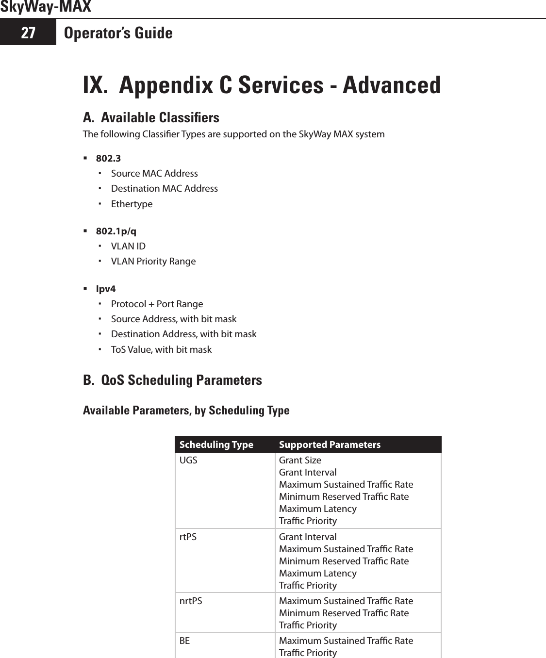 SkyWay-MAXOperator’s Guide27IX.  Appendix C Services - Advanced A.  Available ClassiﬁersThe following Classier Types are supported on the SkyWay MAX system802.3 Source MAC Address Destination MAC Address Ethertype 802.1p/q VLAN ID VLAN Priority Range Ipv4 Protocol + Port Range Source Address, with bit mask Destination Address, with bit mask ToS Value, with bit mask B.  QoS Scheduling ParametersAvailable Parameters, by Scheduling TypeScheduling Type Supported ParametersUGS Grant SizeGrant IntervalMaximum Sustained Trac RateMinimum Reserved Trac RateMaximum LatencyTrac PriorityrtPS Grant IntervalMaximum Sustained Trac RateMinimum Reserved Trac RateMaximum LatencyTrac PrioritynrtPS Maximum Sustained Trac RateMinimum Reserved Trac RateTrac PriorityBE Maximum Sustained Trac RateTrac Priority
