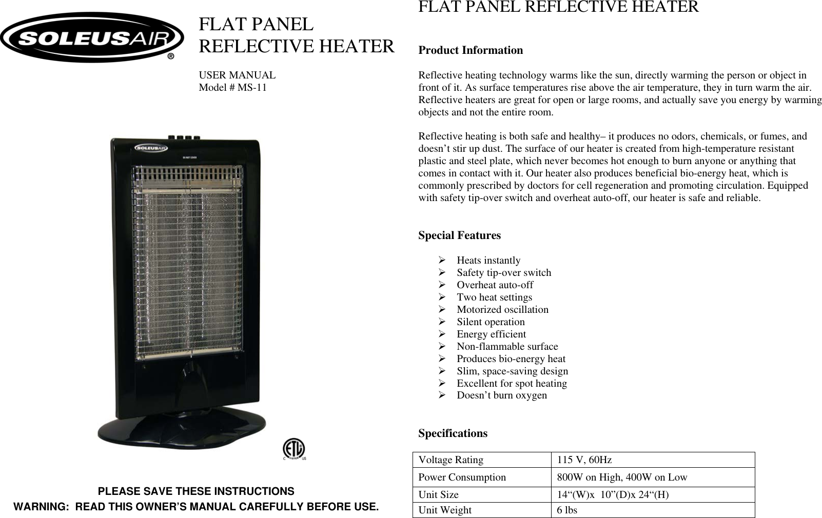 Page 1 of 4 - Soleus-Air Soleus-Air-Ms-11-Users-Manual- QG18A  Soleus-air-ms-11-users-manual