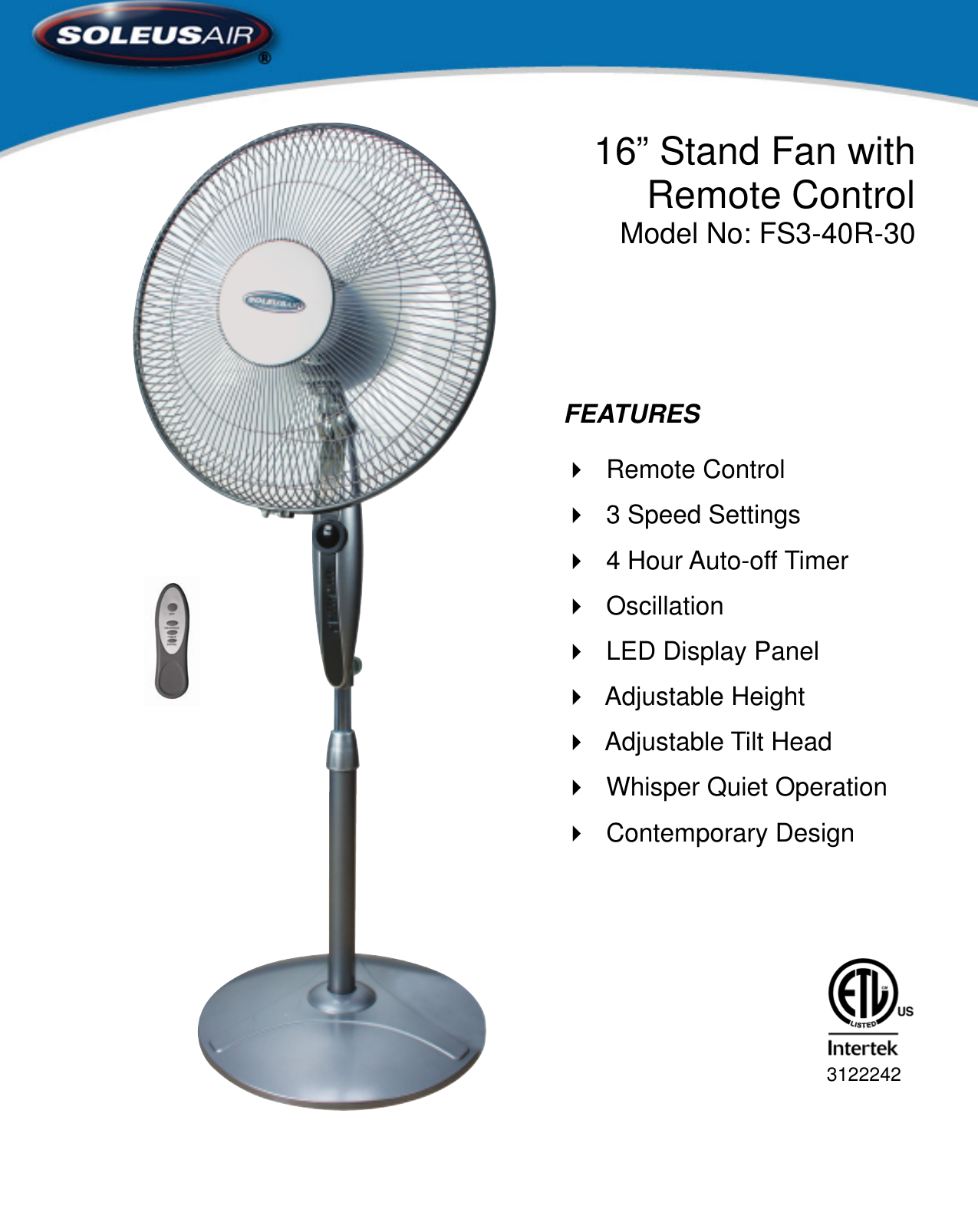 Page 1 of 8 - Soleus-Air Soleus-Air-Soleus-Air-Fan-Fs3-40R-30-Users-Manual- Soleus-air-soleus-air-fan-fs3-40r-30-users-manual