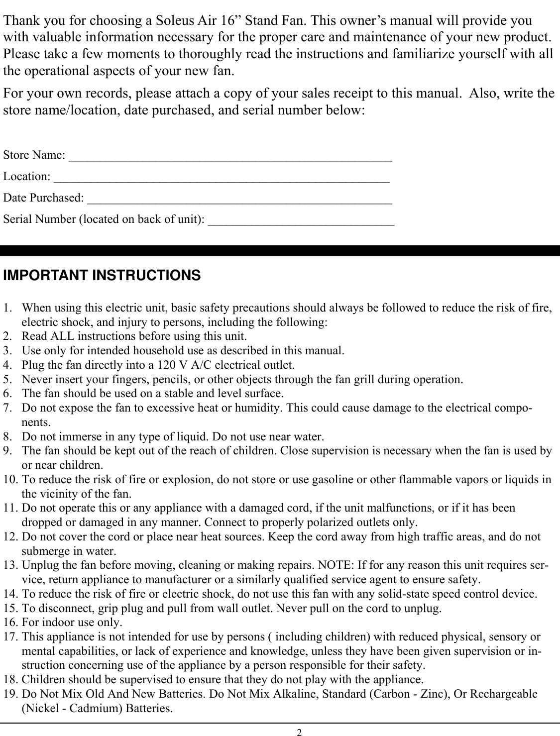 Page 2 of 8 - Soleus-Air Soleus-Air-Soleus-Air-Fan-Fs3-40R-30-Users-Manual- Soleus-air-soleus-air-fan-fs3-40r-30-users-manual