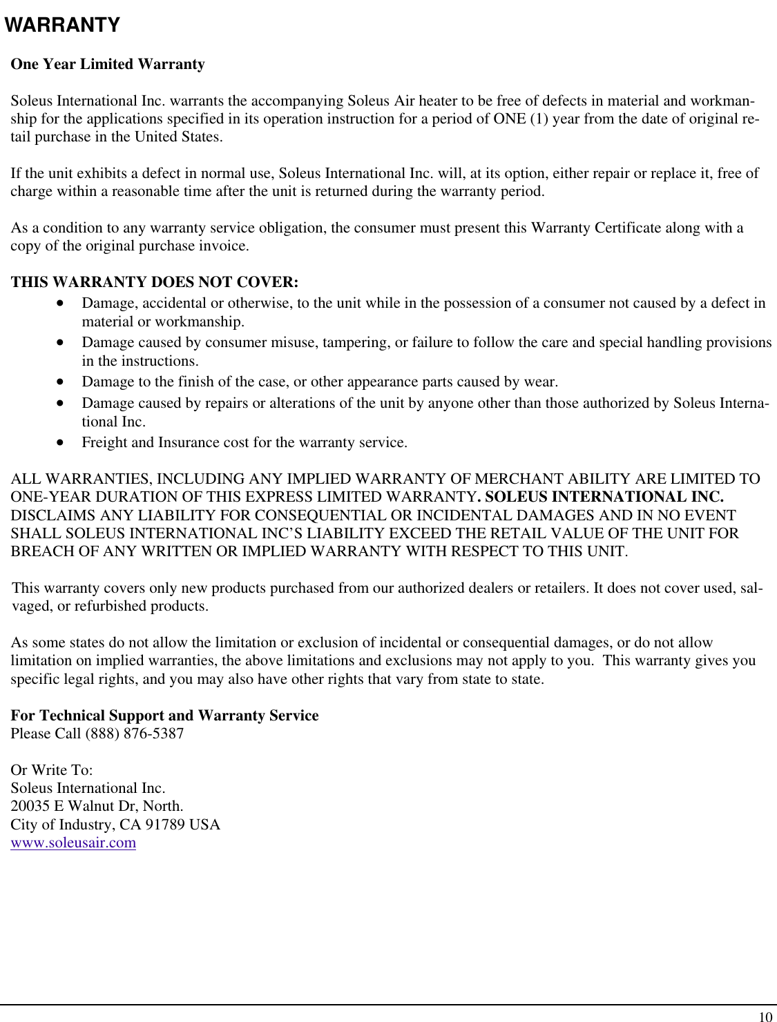 Page 10 of 10 - Soleus-Air Soleus-Air-Ultra-Thin-Micathermic-Heater-Hm1-10-32-Users-Manual- Soleus-air-ultra-thin-micathermic-heater-hm1-10-32-users-manual