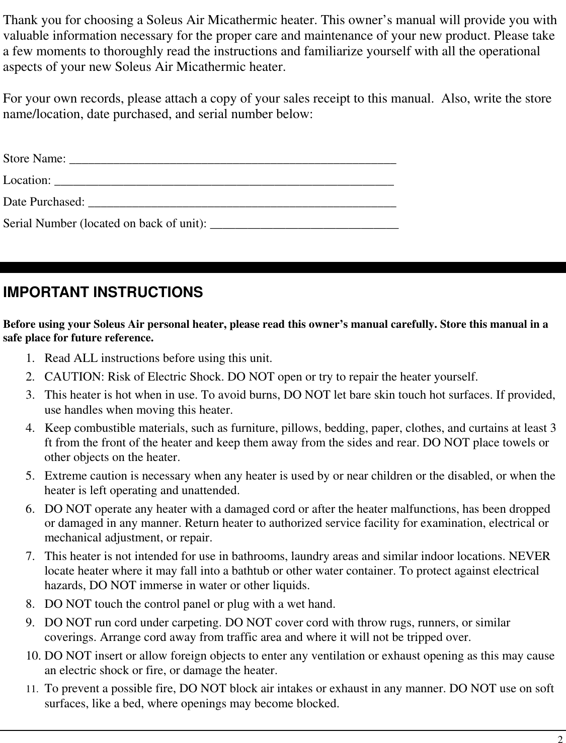 Page 2 of 10 - Soleus-Air Soleus-Air-Ultra-Thin-Micathermic-Heater-Hm1-10-32-Users-Manual- Soleus-air-ultra-thin-micathermic-heater-hm1-10-32-users-manual