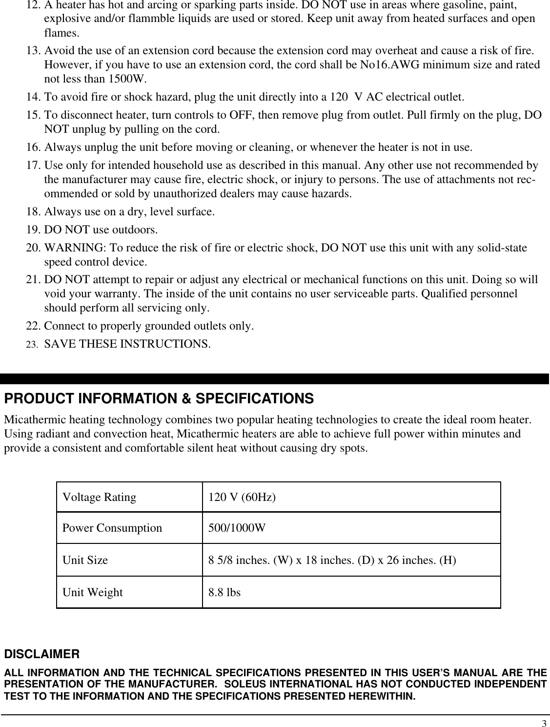 Page 3 of 10 - Soleus-Air Soleus-Air-Ultra-Thin-Micathermic-Heater-Hm1-10-32-Users-Manual- Soleus-air-ultra-thin-micathermic-heater-hm1-10-32-users-manual