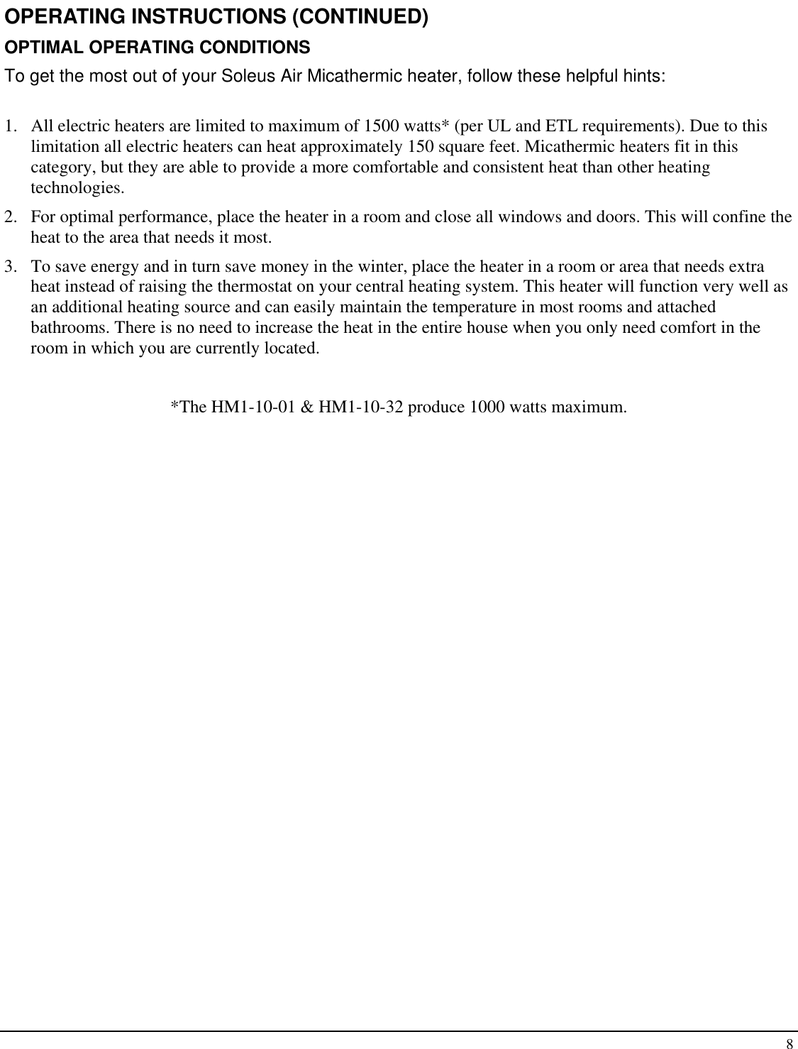 Page 8 of 10 - Soleus-Air Soleus-Air-Ultra-Thin-Micathermic-Heater-Hm1-10-32-Users-Manual- Soleus-air-ultra-thin-micathermic-heater-hm1-10-32-users-manual