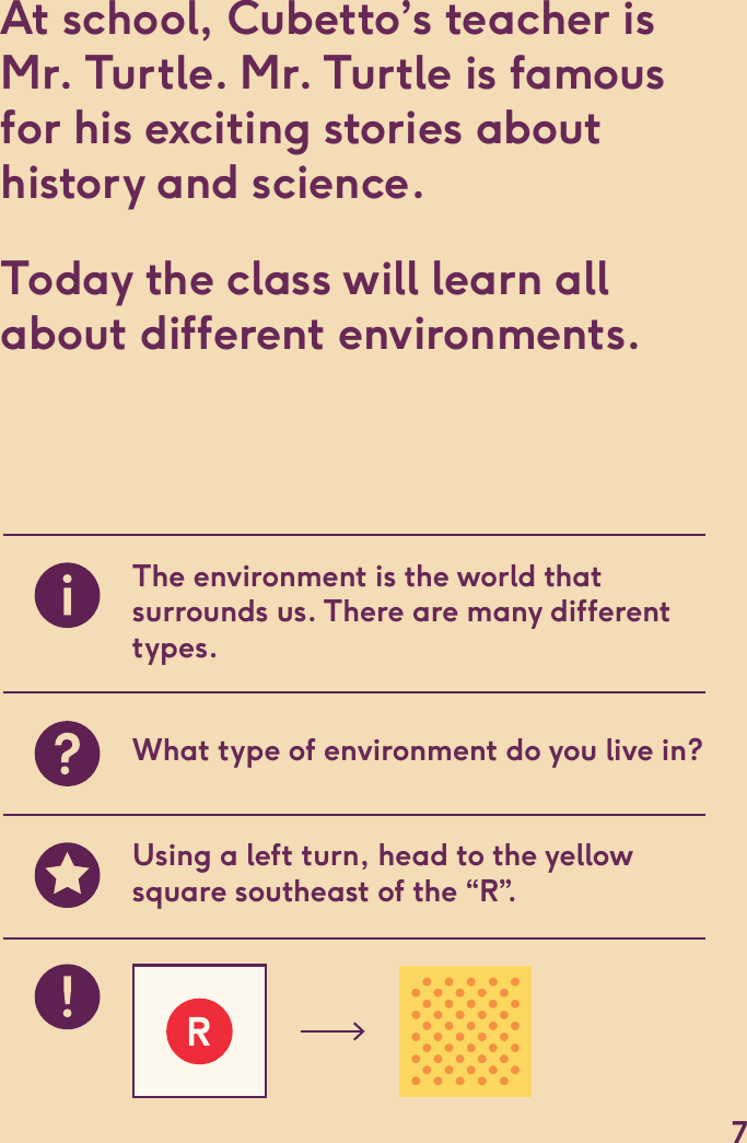 At school, Cubetto’s teacher is Mr. Turtle. Mr. Turtle is famous for his exciting stories abouthistory and science. Today the class will learn all about different environments.The environment is the world that surrounds us. There are many different types.What type of environment do you live in?Using a left turn, head to the yellow square southeast of the “R”.7