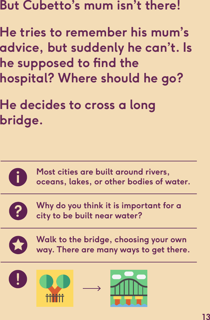 But Cubetto’s mum isn’t there! He tries to remember his mum’s advice, but suddenly he can’t. Is he supposed to nd thehospital? Where should he go? He decides to cross a long bridge.Most cities are built around rivers, oceans, lakes, or other bodies of water.Why do you think it is important for a city to be built near water?Walk to the bridge, choosing your own way. There are many ways to get there.13