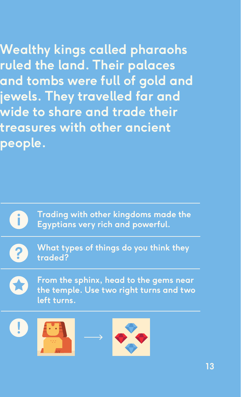 Wealthy kings called pharaohs ruled the land. Their palaces and tombs were full of gold and jewels. They travelled far and wide to share and trade their treasures with other ancient people.Trading with other kingdoms made the Egyptians very rich and powerful.What types of things do you think they traded?From the sphinx, head to the gems near the temple. Use two right turns and two left turns.13