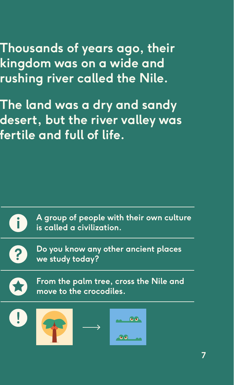 Thousands of years ago, their kingdom was on a wide and rushing river called the Nile. The land was a dry and sandy desert, but the river valley was fertile and full of life.A group of people with their own culture is called a civilization.Do you know any other ancient places we study today?From the palm tree, cross the Nile and move to the crocodiles.7