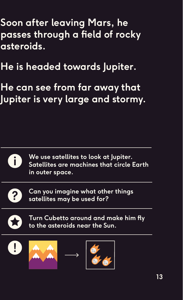 Soon after leaving Mars, he passes through a eld of rocky asteroids. He is headed towards Jupiter. He can see from far away that Jupiter is very large and stormy.We use satellites to look at Jupiter. Satellites are machines that circle Earth in outer space.Can you imagine what other things satellites may be used for?Turn Cubetto around and make him y to the asteroids near the Sun.13