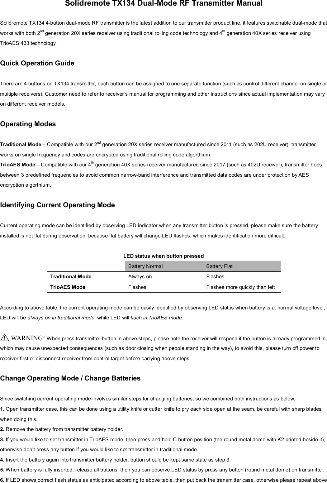 Solidremote Technologies TX134 DualMode RF Transmitter User Manual
