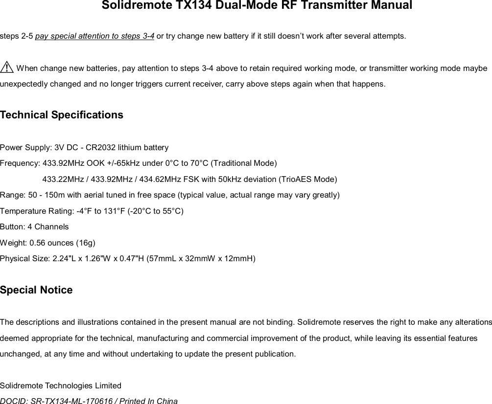 Solidremote Technologies TX134 DualMode RF Transmitter User Manual