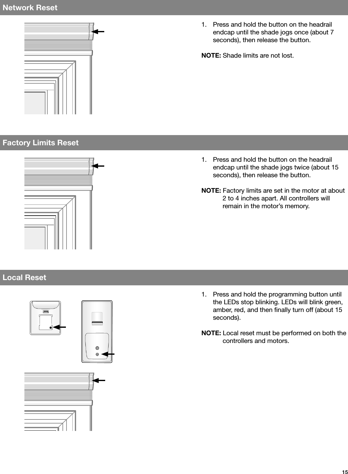 15Network ResetFactory Limits ResetLocal Reset1.  Press and hold the button on the headrail endcap until the shade jogs once (about 7 seconds), then release the button.NOTE: Shade limits are not lost.1.  Press and hold the button on the headrail endcap until the shade jogs twice (about 15 seconds), then release the button.NOTE: Factory limits are set in the motor at about    2 to 4 inches apart. All controllers will      remain in the motor’s memory.1.  Press and hold the programming button until the LEDs stop blinking. LEDs will blink green, amber, red, and then nally turn off (about 15 seconds).NOTE: Local reset must be performed on both the    controllers and motors.