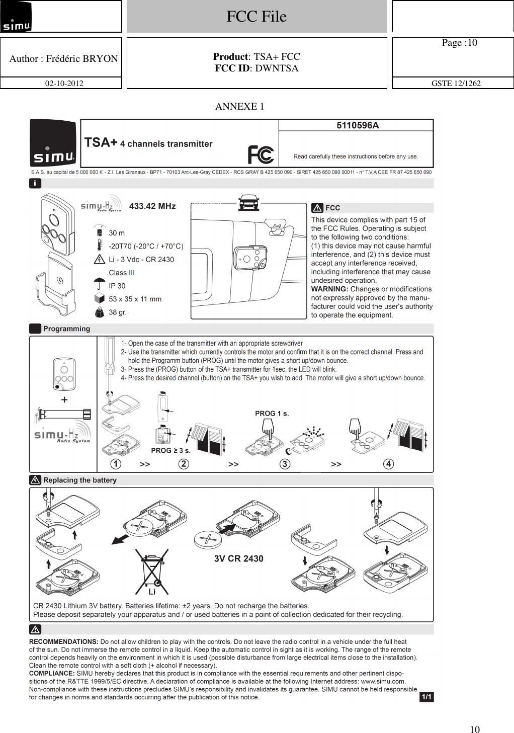   FCC File        Author : Frédéric BRYON    02-10-2012  Product: TSA+ FCC FCC ID: DWNTSA  GSTE 12/1262    Page :10 10 ANNEXE 1  SIMU 70103 - FRANCE FCC ID WNDTSA+ 