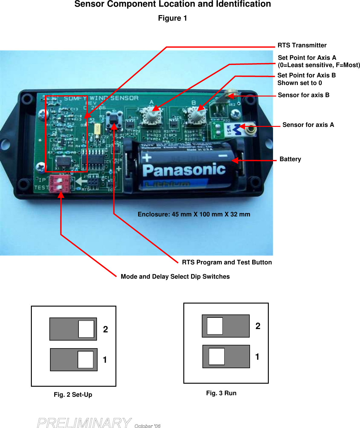 Sensor Component Location and Identification Figure 1  Sensor for axis B Mode and Delay Select Dip Switches RTS Transmitter Set Point for Axis A (0=Least sensitive, F=Most) Set Point for Axis B Shown set to 0 Enclosure: 45 mm X 100 mm X 32 mm Battery RTS Program and Test Button Sensor for axis A 1 2 Fig. 2 Set-Up 1 2 Fig. 3 Run 