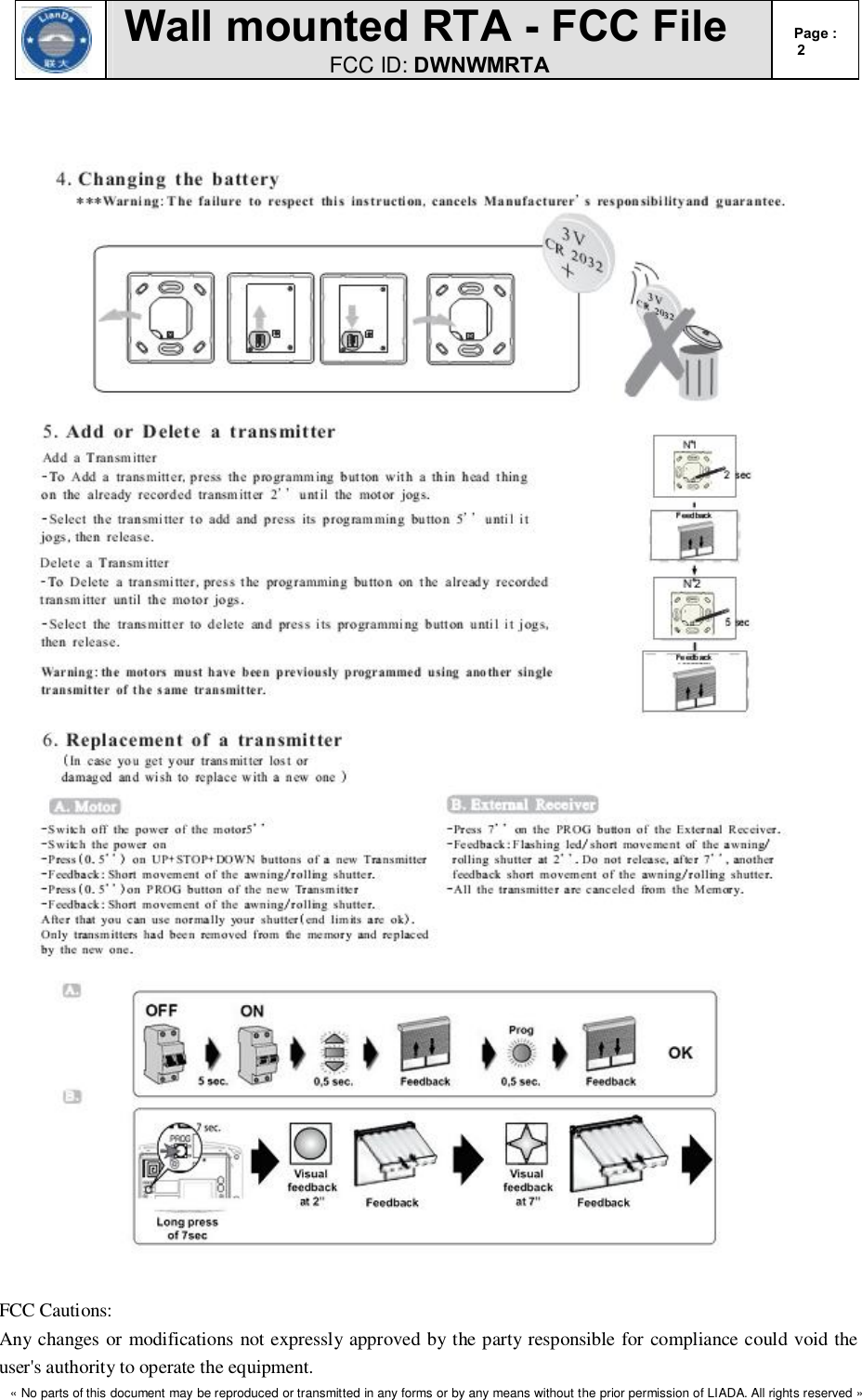  Wall mounted RTA - FCC File FCC ID: DWNWMRTA Page : 2  « No parts of this document may be reproduced or transmitted in any forms or by any means without the prior permission of LIADA. All rights reserved »     FCC Cautions: Any changes or modifications not expressly approved by the party responsible for compliance could void the user&apos;s authority to operate the equipment. 