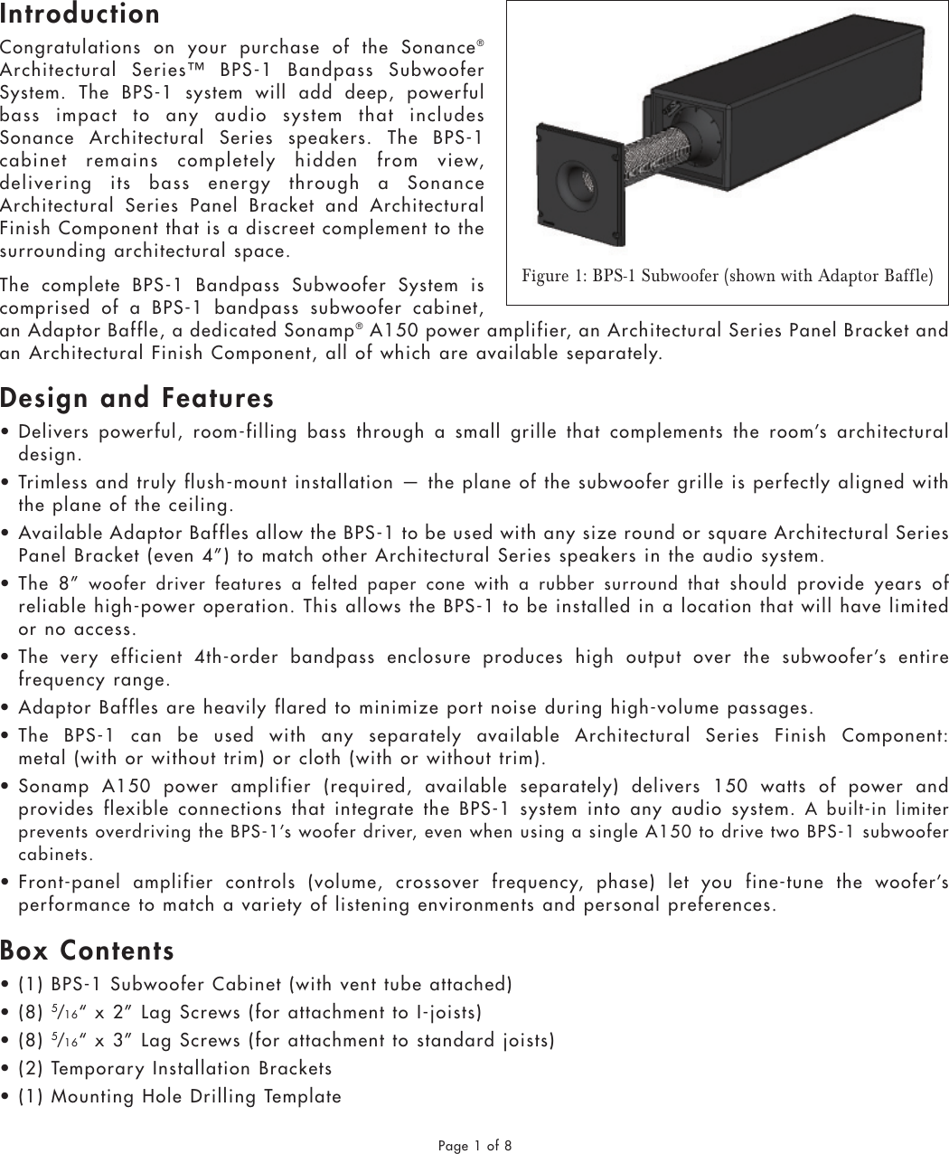 Page 1 of 8 - Sonance Sonance-Bandpass-Subwoofer-Bps-1-Users-Manual- BPS-1 Manual_032708a.qxp  Sonance-bandpass-subwoofer-bps-1-users-manual