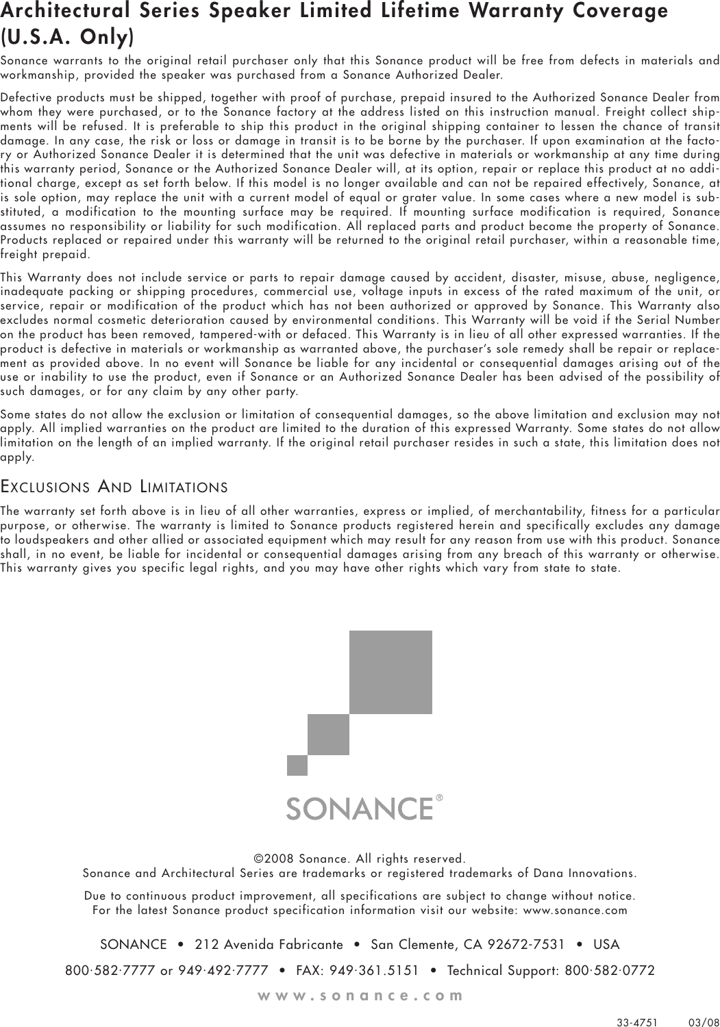 Page 8 of 8 - Sonance Sonance-Bandpass-Subwoofer-Bps-1-Users-Manual- BPS-1 Manual_032708a.qxp  Sonance-bandpass-subwoofer-bps-1-users-manual