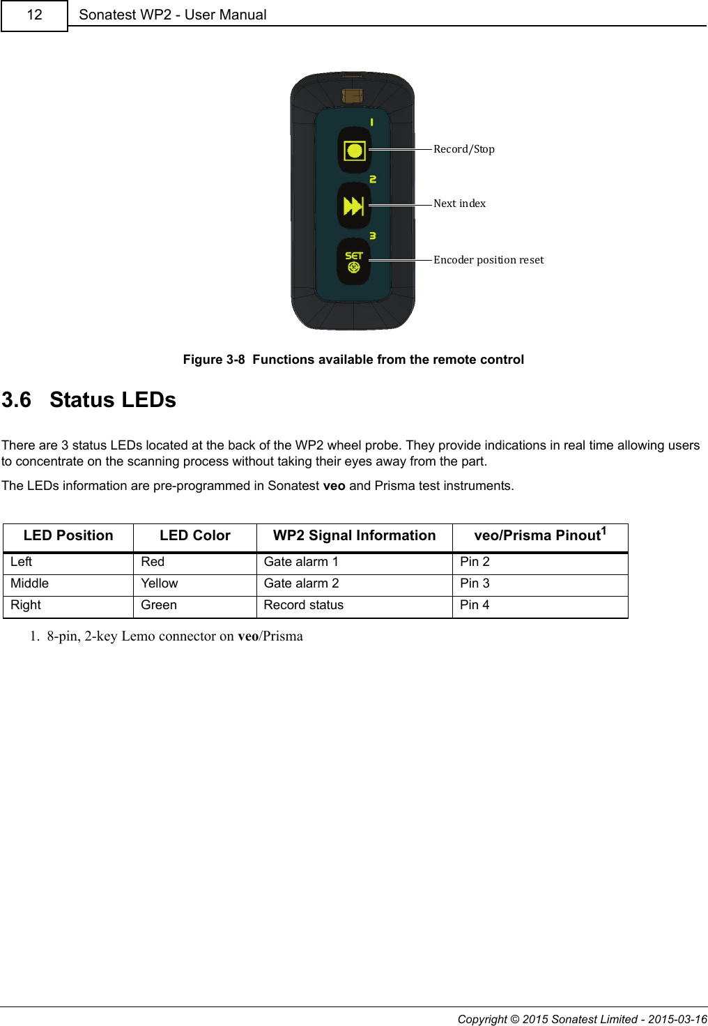 Copyright © 2015 Sonatest Limited - 2015-03-16Sonatest WP2 - User Manual12Figure 3-8  Functions available from the remote control3.6   Status LEDsThere are 3 status LEDs located at the back of the WP2 wheel probe. They provide indications in real time allowing users to concentrate on the scanning process without taking their eyes away from the part.The LEDs information are pre-programmed in Sonatest veo and Prisma test instruments.LED Position LED Color WP2 Signal Information veo/Prisma Pinout11. 8-pin, 2-key Lemo connector on veo/PrismaLeft Red Gate alarm 1 Pin 2Middle Yellow Gate alarm 2 Pin 3Right Green Record status Pin 4Record/StopNext indexEncoder position reset