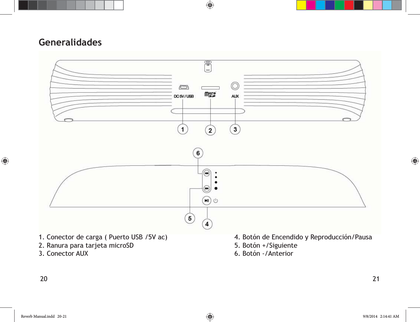 20 21Generalidades1. Conector de carga ( Puerto USB /5V ac)2. Ranura para tarjeta microSD3. Conector AUX4. Bot&oacute;n de Encendido y Reproducci&oacute;n/Pausa5. Bot&oacute;n +/Siguiente6. Bot&oacute;n -/AnteriorReverb Manual.indd   20-21 9/8/2014   2:14:41 AM