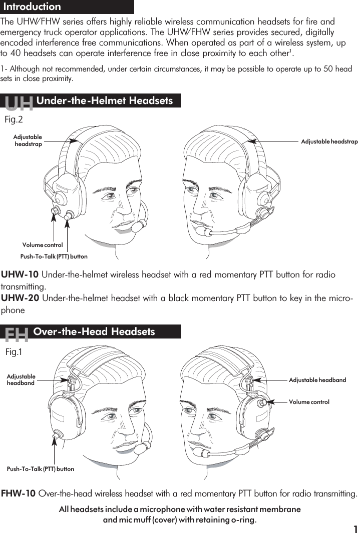 1IntroductionThe UHW/ FHW series offers highly reliable wireless communication headsets for fire andemergency truck operator applications. The UHW/ FHW series provides secured, digitallyencoded interference free communications. When operated as part of a wireless system, up to 40 headsets can operate interference free in close proximity to each other1. 1- Although not recommended, under certain circumstances, it may be possible to operate up to 50 headsets in close proximity.Under-the-Helmet HeadsetsAdjustable headstrapVolume controlPush-To-Talk (PTT) buttonAdjustable headstrapUHW-10 Under-the-helmet wireless headset with a red momentary PTT button for radiotransmitting.UHW-20 Under-the-helmet headset with a black momentary PTT button to key in the micro-phone Fig.2UHOver-the-Head HeadsetsPush-To-Talk (PTT) buttonVolume controlAdjustable headbandAdjustable headbandFig.1FHFHW-10 Over-the-head wireless headset with a red momentary PTT button for radio transmitting.All headsets include a microphone with water resistant membrane and mic muff (cover) with retaining o-ring.