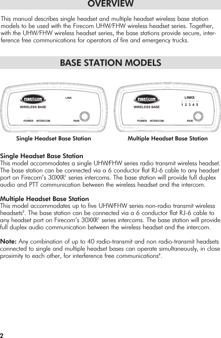 OVERVIEWThis manual describes single headset and multiple headset wireless base stationmodels to be used with the Firecom UHW/FHW wireless headset series. Together,with the UHW/FHW wireless headset series, the base stations provide secure, inter-ference free communications for operators of fire and emergency trucks.BASE STATION MODELS2WIRELESS BASEPOWER    INTERCOM PAIRLINKWIRELESS BASEPOWER    INTERCOM PAIRLINKS1  2  3 4  5  Single Headset Base StationThis model accommodates a single UHW/FHW series radio transmit wireless headset.The base station can be connected via a 6 conductor flat RJ-6 cable to any headsetport on Firecom’s 30XXR1series intercoms. The base station will provide full duplexaudio and PTT communication between the wireless headset and the intercom. Multiple Headset Base StationThis model accommodates up to five UHW/FHW series non-radio transmit wirelessheadsets2. The base station can be connected via a 6 conductor flat RJ-6 cable toany headset port on Firecom’s 30XXR1series intercoms. The base station will providefull duplex audio communication between the wireless headset and the intercom. Note: Any combination of up to 40 radio-transmit and non radio-transmit headsetsconnected to single and multiple headset bases can operate simultaneously, in closeproximity to each other, for interference free communications6. Single Headset Base Station Multiple Headset Base Station