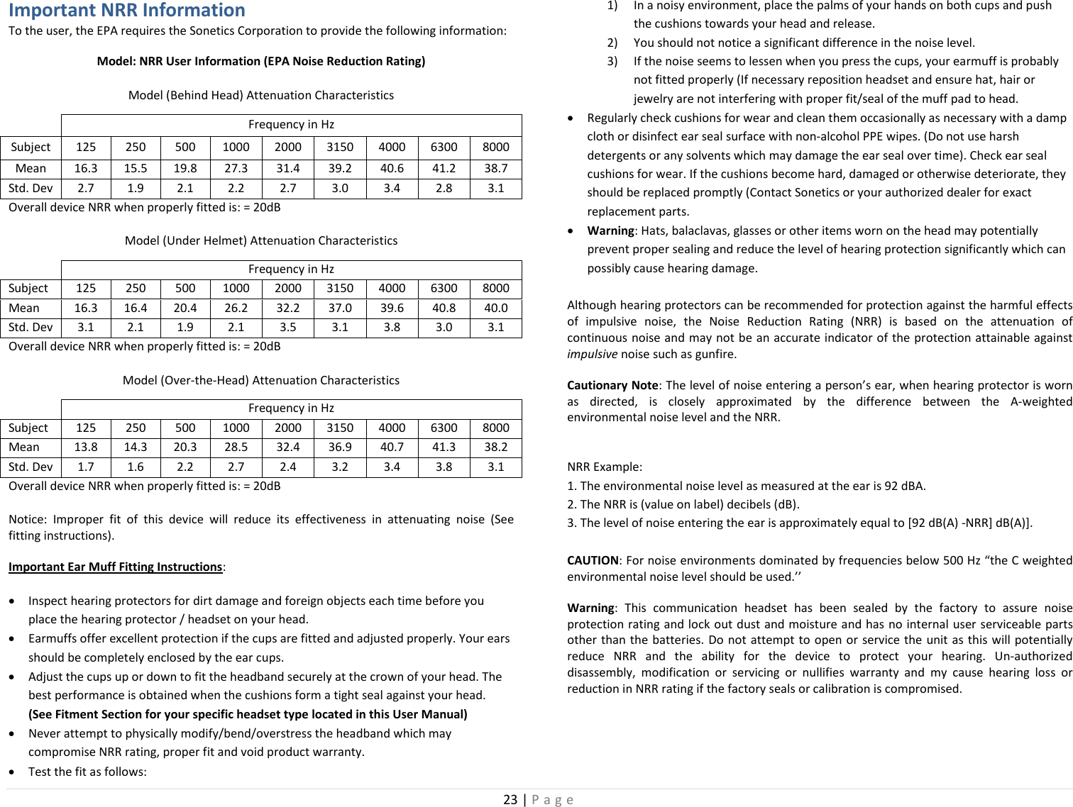 23 | Page  Important NRR Information To the user, the EPA requires the Sonetics Corporation to provide the following information: Model: NRR User Information (EPA Noise Reduction Rating) Model (Behind Head) Attenuation Characteristics  Frequency in Hz Subject  125  250  500  1000  2000  3150  4000  6300  8000 Mean 16.3 15.5 19.8 27.3 31.4 39.2 40.6 41.2 38.7 Std. Dev 2.7 1.9 2.1 2.2 2.7 3.0 3.4 2.8 3.1 Overall device NRR when properly fitted is: = 20dB  Model (Under Helmet) Attenuation Characteristics  Frequency in Hz Subject 125 250 500 1000 2000 3150 4000 6300 8000 Mean 16.3 16.4 20.4 26.2 32.2 37.0 39.6 40.8 40.0 Std. Dev 3.1 2.1 1.9 2.1 3.5 3.1 3.8 3.0 3.1 Overall device NRR when properly fitted is: = 20dB  Model (Over-the-Head) Attenuation Characteristics  Frequency in Hz Subject 125 250 500 1000 2000 3150 4000 6300 8000 Mean 13.8 14.3 20.3 28.5 32.4 36.9 40.7 41.3 38.2 Std. Dev 1.7 1.6 2.2 2.7 2.4 3.2 3.4 3.8 3.1 Overall device NRR when properly fitted is: = 20dB  Notice: Improper fit of this device will reduce its effectiveness in attenuating noise (See fitting instructions).  Important Ear Muff Fitting Instructions: • Inspect hearing protectors for dirt damage and foreign objects each time before you place the hearing protector / headset on your head. • Earmuffs offer excellent protection if the cups are fitted and adjusted properly. Your ears should be completely enclosed by the ear cups. • Adjust the cups up or down to fit the headband securely at the crown of your head. The best performance is obtained when the cushions form a tight seal against your head.  (See Fitment Section for your specific headset type located in this User Manual) • Never attempt to physically modify/bend/overstress the headband which may compromise NRR rating, proper fit and void product warranty. • Test the fit as follows: 1) In a noisy environment, place the palms of your hands on both cups and push the cushions towards your head and release.  2) You should not notice a significant difference in the noise level.  3) If the noise seems to lessen when you press the cups, your earmuff is probably not fitted properly (If necessary reposition headset and ensure hat, hair or jewelry are not interfering with proper fit/seal of the muff pad to head. • Regularly check cushions for wear and clean them occasionally as necessary with a damp cloth or disinfect ear seal surface with non-alcohol PPE wipes. (Do not use harsh detergents or any solvents which may damage the ear seal over time). Check ear seal cushions for wear. If the cushions become hard, damaged or otherwise deteriorate, they should be replaced promptly (Contact Sonetics or your authorized dealer for exact replacement parts. • Warning: Hats, balaclavas, glasses or other items worn on the head may potentially prevent proper sealing and reduce the level of hearing protection significantly which can possibly cause hearing damage.  Although hearing protectors can be recommended for protection against the harmful effects of impulsive noise, the Noise Reduction Rating (NRR) is based on the attenuation of continuous noise and may not be an accurate indicator of the protection attainable against impulsive noise such as gunfire. Cautionary Note: The level of noise entering a person’s ear, when hearing protector is worn as directed, is closely approximated by the difference between the A-weighted environmental noise level and the NRR.  NRR Example: 1. The environmental noise level as measured at the ear is 92 dBA. 2. The NRR is (value on label) decibels (dB). 3. The level of noise entering the ear is approximately equal to [92 dB(A) -NRR] dB(A)].  CAUTION: For noise environments dominated by frequencies below 500 Hz “the C weighted environmental noise level should be used.’’ Warning: This communication headset has been sealed by the factory to assure noise protection rating and lock out dust and moisture and has no internal user serviceable parts other than the batteries. Do not attempt to open or service the unit as this will potentially reduce NRR and the ability for the device to protect your hearing. Un-authorized disassembly, modification or servicing or nullifies warranty and my cause hearing loss or reduction in NRR rating if the factory seals or calibration is compromised.  