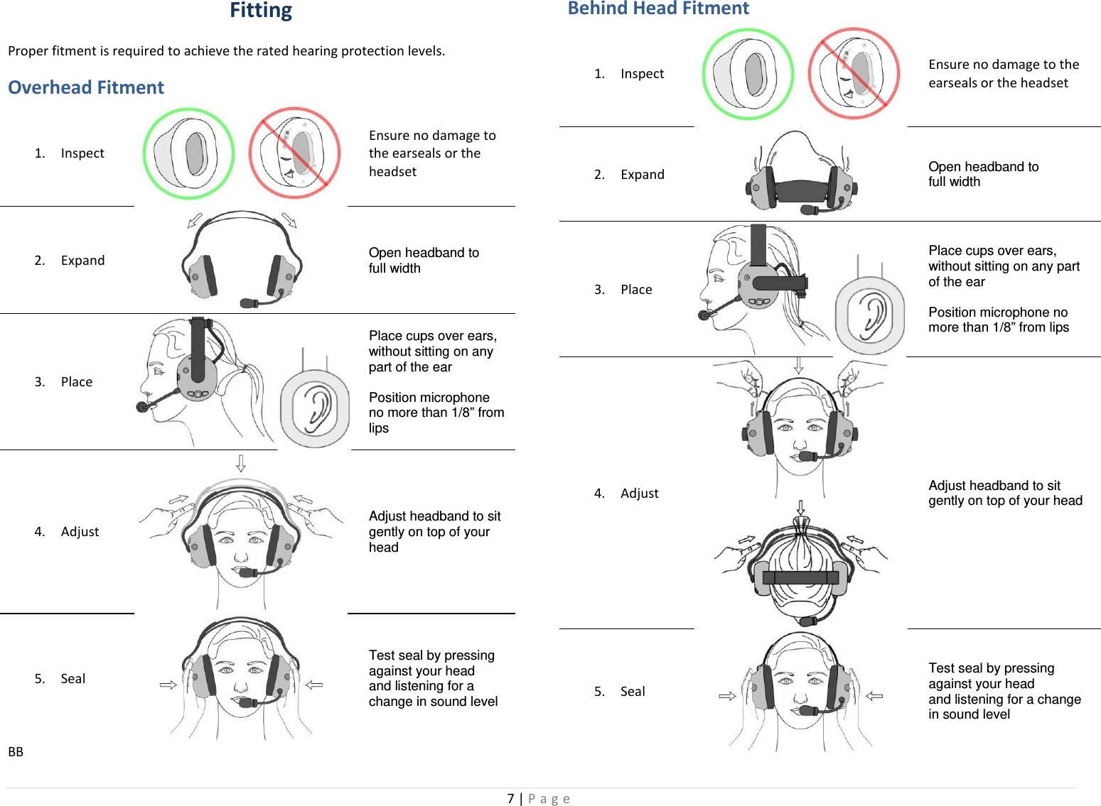 7 | Page  Fitting Proper fitment is required to achieve the rated hearing protection levels.  Overhead Fitment 1. Inspect  Ensure no damage to the earseals or the headset 2. Expand  Open headband to full width 3. Place  Place cups over ears, without sitting on any part of the ear  Position microphone no more than 1/8” from lips 4. Adjust  Adjust headband to sit gently on top of your head 5. Seal  Test seal by pressing against your head and listening for a change in sound level BB Behind Head Fitment 1. Inspect  Ensure no damage to the earseals or the headset 2. Expand  Open headband to full width 3. Place  Place cups over ears, without sitting on any part of the ear  Position microphone no more than 1/8” from lips 4. Adjust   Adjust headband to sit gently on top of your head 5. Seal  Test seal by pressing against your head and listening for a change in sound level 