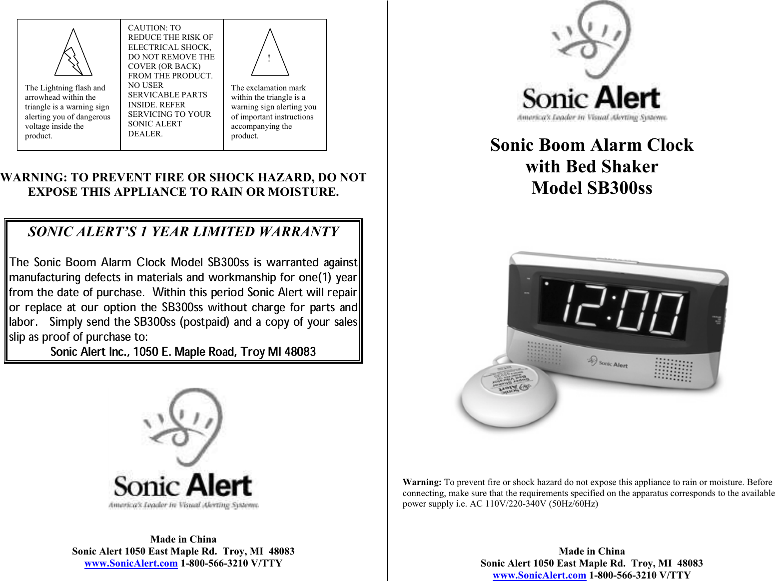 Sonic Alert Boom Alarm Clock Sb300Ss Users Manual SonicAlert 62566