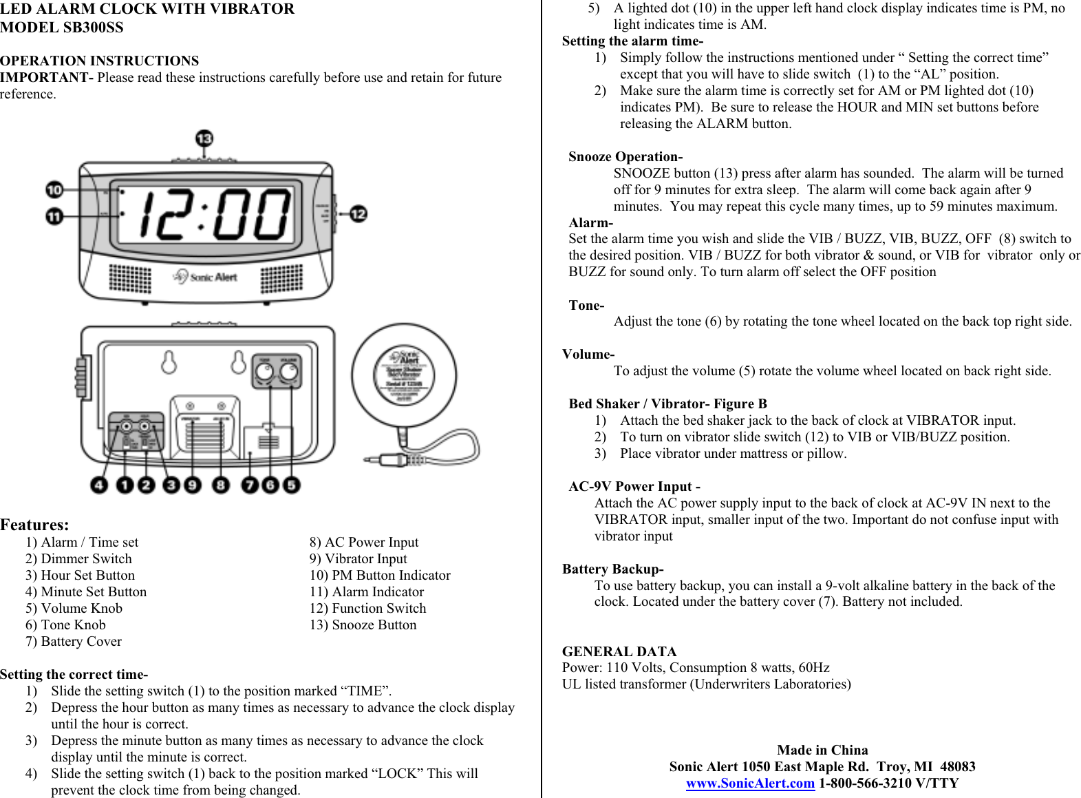 Sonic Alert Boom Alarm Clock Sb300Ss Users Manual SonicAlert 62566