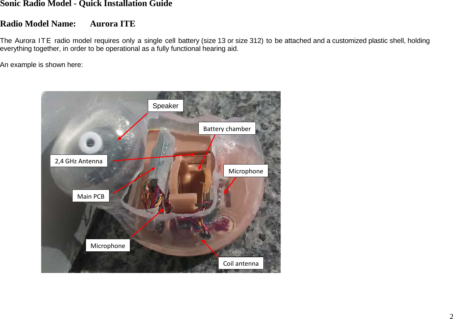 Sonic Radio Model - Quick Installation Guide Radio Model Name: Aurora ITE 2    The Aurora ITE radio model requires only a single cell battery (size 13 or size 312) to be attached and a customized plastic shell, holding everything together, in order to be operational as a fully functional hearing aid.  An example is shown here:                                Battery chamber Microphone Speaker Microphone Main PCB Coil antenna 2,4 GHz Antenna 
