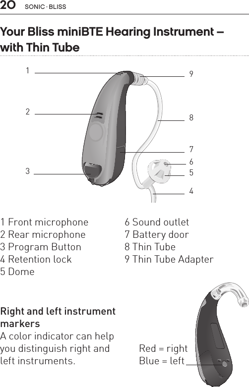 20 sonic · BLissYour Bliss miniBTE Hearing Instrument –  with Thin Tube1 Front microphone2 Rear microphone3 Program Button4 Retention lock5 Dome6 Sound outlet7 Battery door8 Thin Tube9 Thin Tube AdapterRight and left instrument markersA color indicator can help  you distinguish right and left instruments.Red = rightBlue = leftBL_ILLU_miniBTE_LeftRightMarking_BW_HI4BL_ILLU_miniBTE_WithSpeaker_BW_HI1256437891