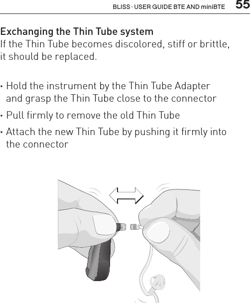  55BLISS · USER GUIDE BTE AND miniBTEExchanging the Thin Tube systemIf the Thin Tube becomes discolored, stiff or brittle,  it should be replaced.  ·Hold the instrument by the Thin Tube Adapter  and grasp the Thin Tube close to the connector ·Pull firmly to remove the old Thin Tube ·Attach the new Thin Tube by pushing it firmly into  the connectorBL_ILLU_miniBTE_ExchangeThinTube_BW_HI14