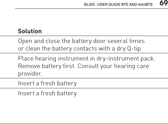  69BLISS · USER GUIDE BTE AND miniBTEProblem Possible cause SolutionWhirring noise,fading, weak  or motor-boatingsoundsBattery contacts may be dirty  or corrodedOpen and close the battery door several timesor clean the battery contacts with a dry Q-tip Moisture in hearing instrument Place hearing instrument in dry-instrument pack. Remove battery first. Consult your hearing care provider. Low battery Insert a fresh batteryInstrument switches from  ON to OFF  periodicallyLow battery Insert a fresh battery