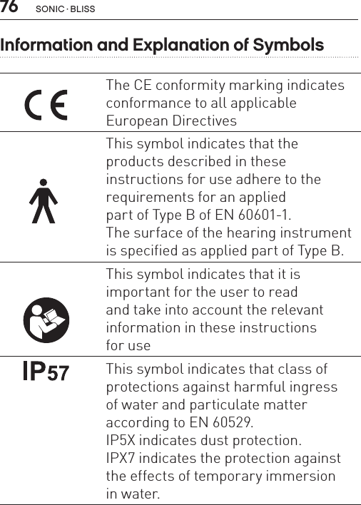 76 sonic · BLissInformation and Explanation of SymbolsThe CE conformity marking indicates conformance to all applicable  European DirectivesThis symbol indicates that the  products described in these  instructions for use adhere to the requirements for an applied  part of Type B of EN 60601-1.  The surface of the hearing instrument  is specified as applied part of Type B.This symbol indicates that it is  important for the user to read  and take into account the relevant information in these instructions  for useThis symbol indicates that class of protections against harmful ingress  of water and particulate matter according to EN 60529.IP5X indicates dust protection.  IPX7 indicates the protection against the effects of temporary immersion  in water.