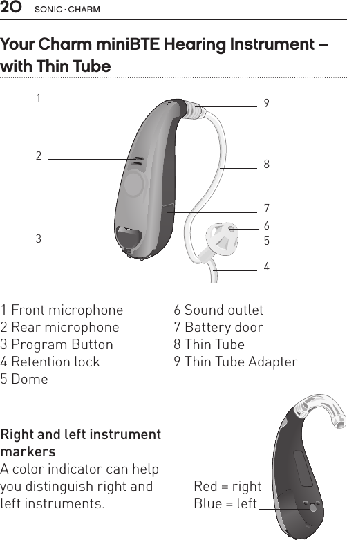 20 sonic · charmYour Charm miniBTE Hearing Instrument –  with Thin Tube1 Front microphone2 Rear microphone3 Program Button4 Retention lock5 Dome6 Sound outlet7 Battery door8 Thin Tube9 Thin Tube AdapterRight and left instrument markersA color indicator can help  you distinguish right and left instruments.Red = rightBlue = leftBL_ILLU_miniBTE_LeftRightMarking_BW_HI4BL_ILLU_miniBTE_WithSpeaker_BW_HI1256437891