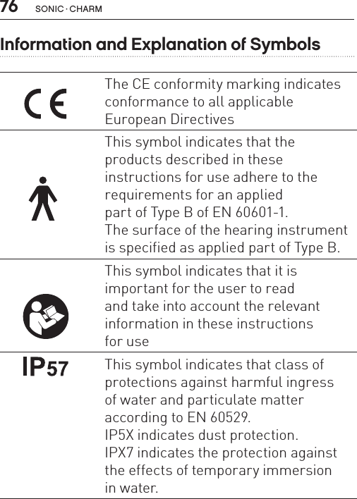 76 sonic · charmInformation and Explanation of SymbolsThe CE conformity marking indicates conformance to all applicable  European DirectivesThis symbol indicates that the  products described in these  instructions for use adhere to the requirements for an applied  part of Type B of EN 60601-1.  The surface of the hearing instrument  is specified as applied part of Type B.This symbol indicates that it is  important for the user to read  and take into account the relevant information in these instructions  for useThis symbol indicates that class of protections against harmful ingress  of water and particulate matter according to EN 60529.IP5X indicates dust protection.  IPX7 indicates the protection against the effects of temporary immersion  in water.