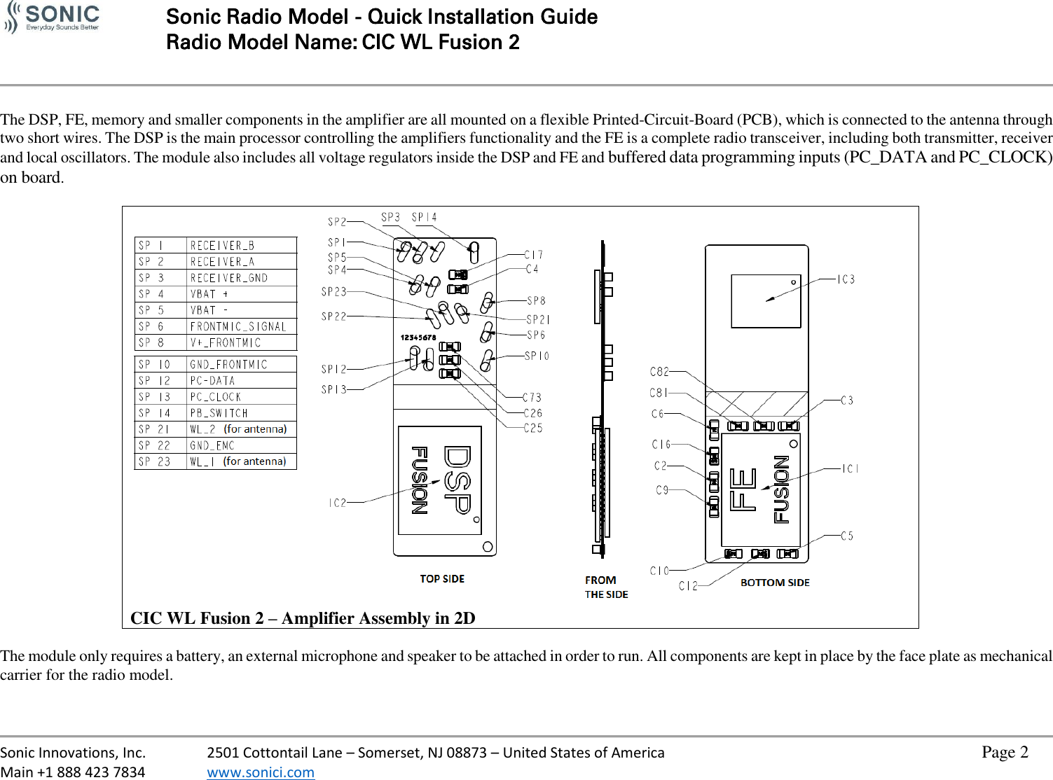   Sonic Radio Model - Quick Installation Guide Radio Model Name: CIC WL Fusion 2     Sonic Innovations, Inc.  2501 Cottontail Lane – Somerset, NJ 08873 – United States of America          Page 2 Main +1 888 423 7834  www.sonici.com            The DSP, FE, memory and smaller components in the amplifier are all mounted on a flexible Printed-Circuit-Board (PCB), which is connected to the antenna through two short wires. The DSP is the main processor controlling the amplifiers functionality and the FE is a complete radio transceiver, including both transmitter, receiver and local oscillators. The module also includes all voltage regulators inside the DSP and FE and buffered data programming inputs (PC_DATA and PC_CLOCK) on board.   CIC WL Fusion 2 – Amplifier Assembly in 2D  The module only requires a battery, an external microphone and speaker to be attached in order to run. All components are kept in place by the face plate as mechanical carrier for the radio model.  