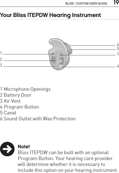  19Bliss · Custom user guideBL_ILLU_ITIPDW_BW11Your Bliss ITEPDW Hearing Instrument1 Microphone Openings2 Battery Door3 Air Vent4 Program Button5 Canal6 Sound Outlet with Wax Protection121 Note!Bliss ITEPDW can be built with an optional Program Button. Your hearing care provider will determine whether it is necessary to include this option on your hearing instrument.3456