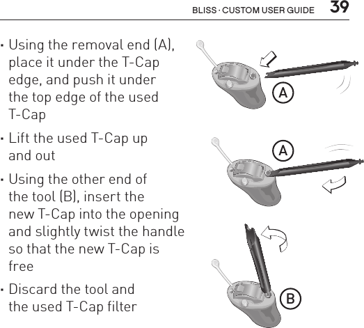  39Bliss · Custom user guide ·Using the removal end (A),  place it under the T-Cap  edge, and push it under  the top edge of the used  T-Cap ·Lift the used T-Cap up  and out ·Using the other end of  the tool (B), insert the  new T-Cap into the opening  and slightly twist the handle  so that the new T-Cap is  free ·Discard the tool and  the used T-Cap filterBL_ILLU_miniBTE_TCap2_BW_Hi8ABL_ILLU_miniBTE_T_Cap3_BW_Hi9ABL_ILLU_miniBTE_T_Cap4_BW_Hi10B