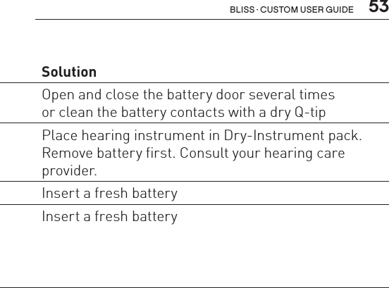  53Bliss · Custom user guideProblem Possible cause SolutionWhirring noise,fading, weak  or motor-boatingsoundsBattery contacts may be dirty or corrodedOpen and close the battery door several timesor clean the battery contacts with a dry Q-tip Moisture in hearing instrument Place hearing instrument in Dry-Instrument pack. Remove battery first. Consult your hearing care provider.Low battery Insert a fresh batteryInstrument switches from  ON to OFF  periodicallyLow battery Insert a fresh battery