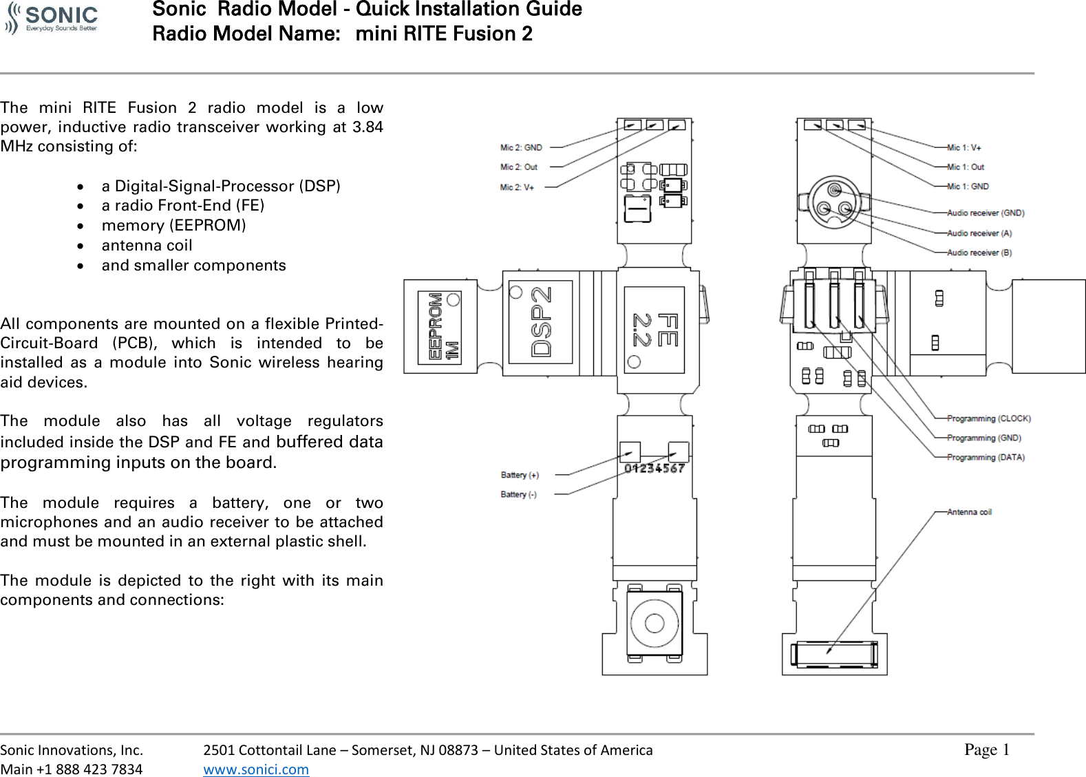  Sonic  Radio Model - Quick Installation Guide Radio Model Name:  mini RITE Fusion 2     Sonic Innovations, Inc.  2501 Cottontail Lane – Somerset, NJ 08873 – United States of America          Page 1 Main +1 888 423 7834  www.sonici.com            The  mini  RITE  Fusion  2  radio  model  is  a  low power, inductive radio transceiver working at 3.84 MHz consisting of:   a Digital-Signal-Processor (DSP)  a radio Front-End (FE)  memory (EEPROM)  antenna coil  and smaller components   All components are mounted on a flexible Printed-Circuit-Board  (PCB),  which  is  intended  to  be installed  as  a  module  into  Sonic  wireless hearing aid devices.  The  module  also  has  all  voltage  regulators included inside the DSP and FE and buffered data programming inputs on the board.  The  module  requires  a  battery,  one  or  two microphones and an audio receiver to be attached and must be mounted in an external plastic shell.   The  module is  depicted  to the  right  with  its main components and connections:   