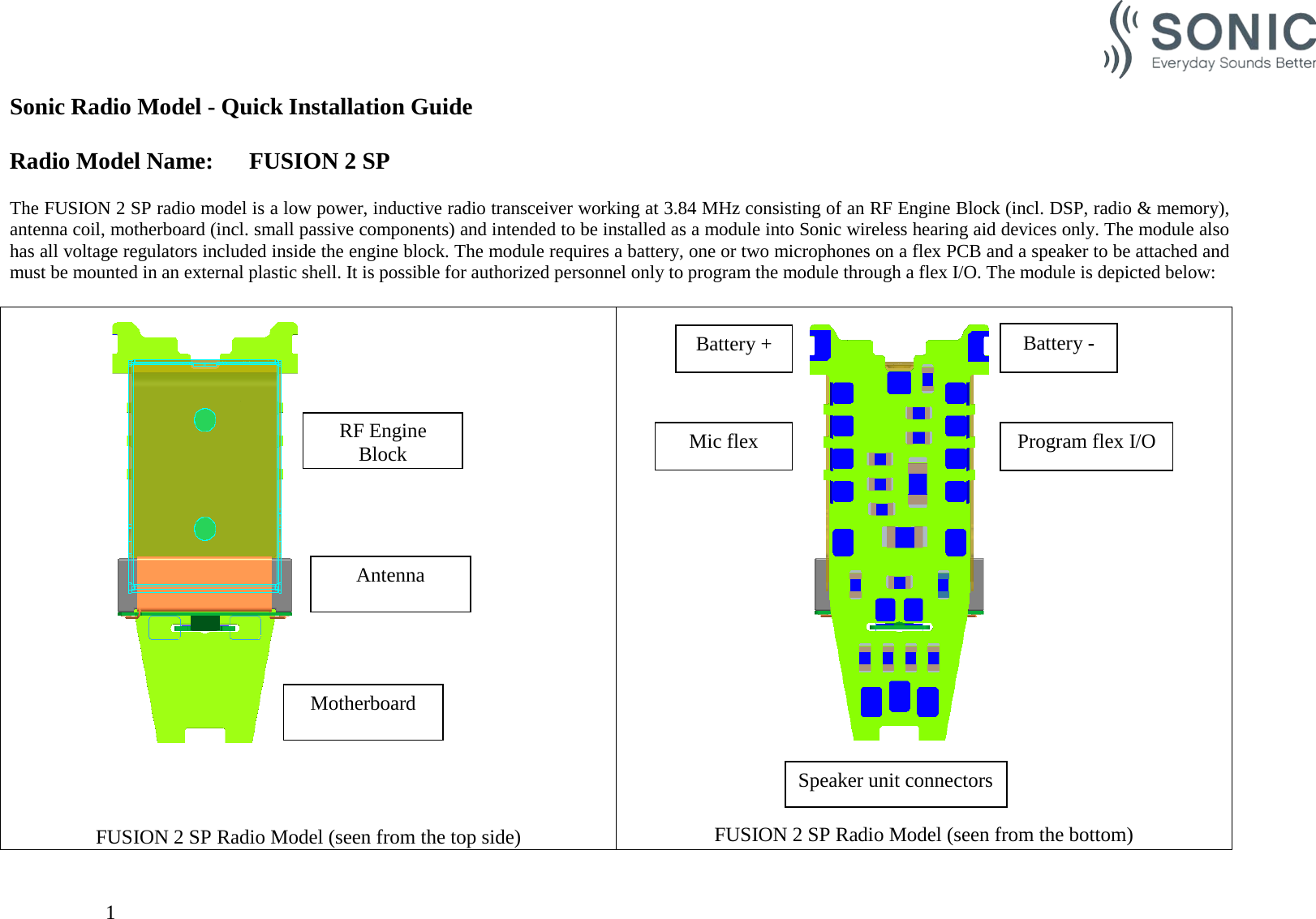                                                  Sonic Radio Model - Quick Installation Guide  Radio Model Name: FUSION 2 SP  The FUSION 2 SP radio model is a low power, inductive radio transceiver working at 3.84 MHz consisting of an RF Engine Block (incl. DSP, radio &amp; memory), antenna coil, motherboard (incl. small passive components) and intended to be installed as a module into Sonic wireless hearing aid devices only. The module also has all voltage regulators included inside the engine block. The module requires a battery, one or two microphones on a flex PCB and a speaker to be attached and must be mounted in an external plastic shell. It is possible for authorized personnel only to program the module through a flex I/O. The module is depicted below:     FUSION 2 SP Radio Model (seen from the top side)  FUSION 2 SP Radio Model (seen from the bottom) RF Engine Block Antenna Motherboard Battery - Battery + Program flex I/O Speaker unit connectors Mic flex     1    