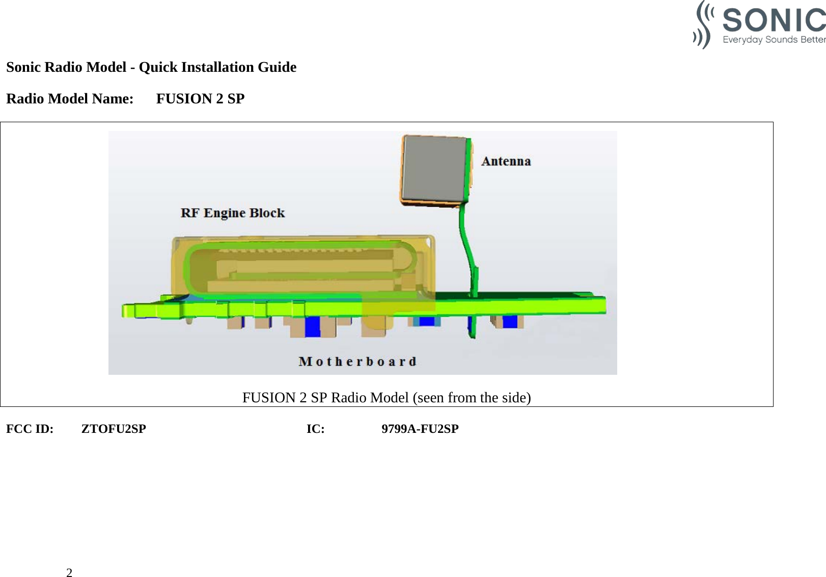                                                  Sonic Radio Model - Quick Installation Guide  Radio Model Name: FUSION 2 SP   FUSION 2 SP Radio Model (seen from the side)  FCC ID: ZTOFU2SP     IC:    9799A-FU2SP           2    