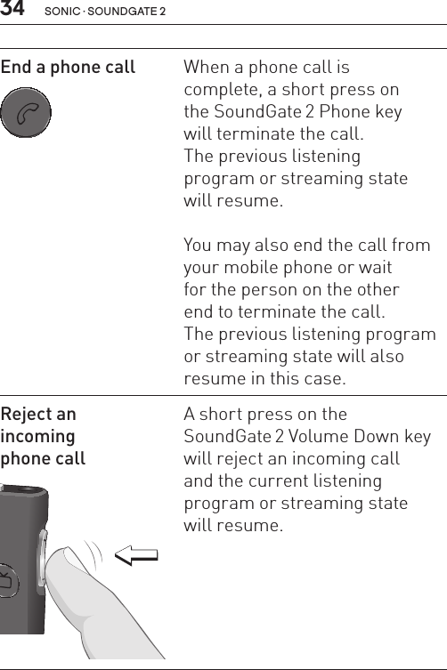 34 sonic · soundgate 2End a phone call SN2_ILLU_SoundgatePhoneKeyNoLight_HI27When a phone call is  complete, a short press on  the SoundGate 2 Phone key will terminate the call.  The previous listening  program or streaming state  will resume.  You may also end the call from your mobile phone or wait  for the person on the other  end to terminate the call.  The previous listening program or streaming state will also resume in this case.Reject an  incoming  phone call SN2_ILLU_VolumeDownPress_HI28A short press on the  SoundGate 2 Volume Down key will reject an incoming call  and the current listening program or streaming state  will resume.