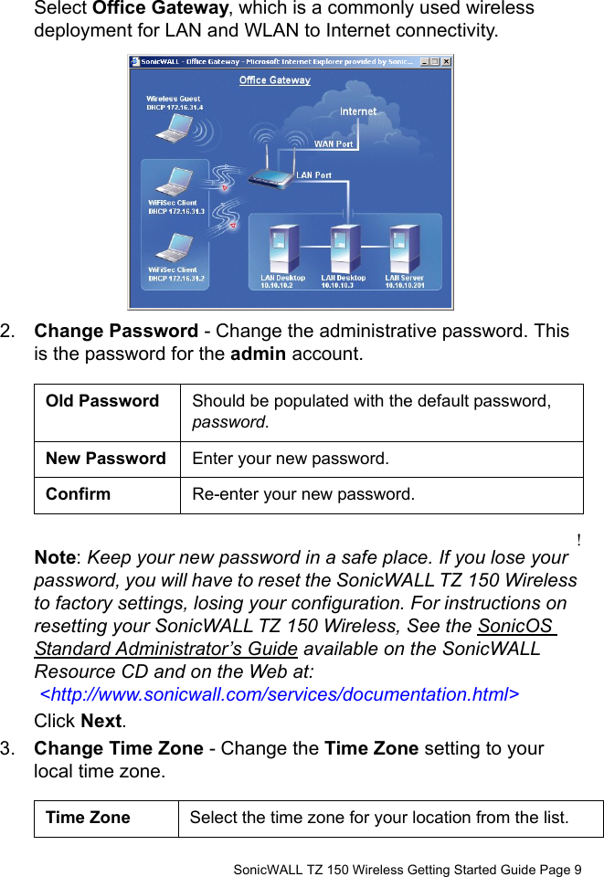          SonicWALL TZ 150 Wireless Getting Started Guide Page 9Select Office Gateway, which is a commonly used wireless deployment for LAN and WLAN to Internet connectivity.2. Change Password - Change the administrative password. This is the password for the admin account. !Note: Keep your new password in a safe place. If you lose your password, you will have to reset the SonicWALL TZ 150 Wireless to factory settings, losing your configuration. For instructions on resetting your SonicWALL TZ 150 Wireless, See the SonicOS Standard Administrator’s Guide available on the SonicWALL Resource CD and on the Web at: &lt;http://www.sonicwall.com/services/documentation.html&gt;Click Next. 3. Change Time Zone - Change the Time Zone setting to your local time zone. Old Password Should be populated with the default password, password.New Password Enter your new password.Confirm Re-enter your new password.Time Zone Select the time zone for your location from the list.